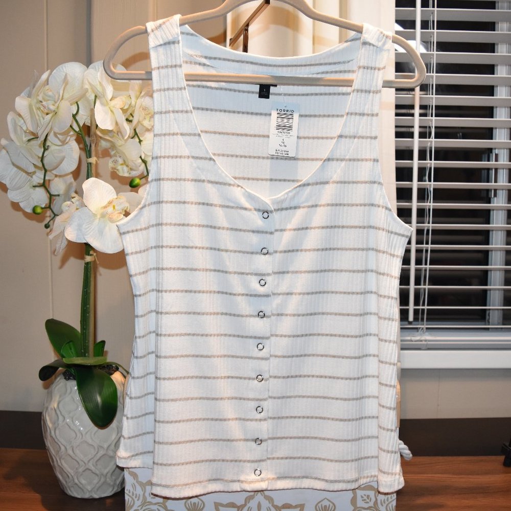 NWT White Taupe Rib Button Front Midi Tank 1X